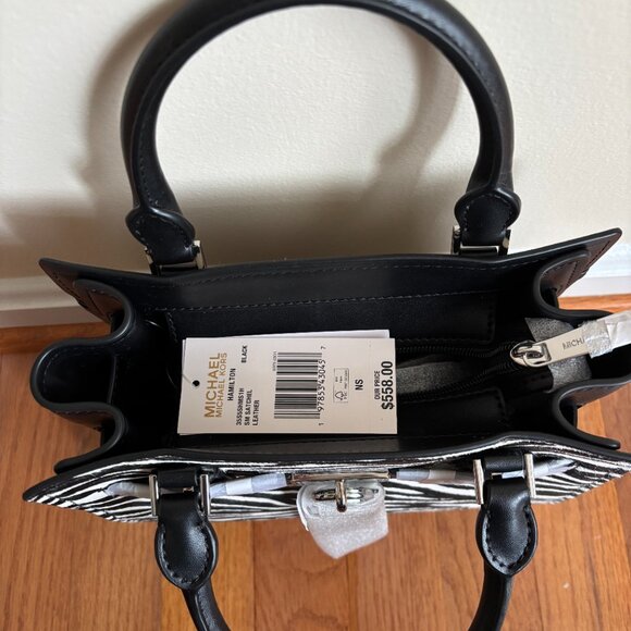 Michael Kors Hamilton Small Zebra Print Calf Hair Satchel Bag Black Multi - Picture 3 of 4